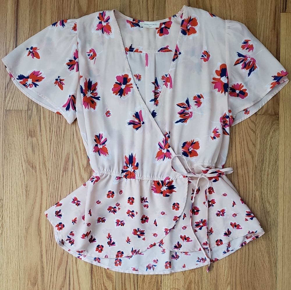 Sophie Rue Floral Flutter Sleeve Wrap Top, Size M